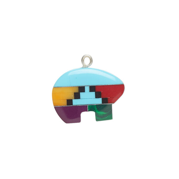 Charm, resin / aluminum / silver-finished copper, multicolored, 18x13mm double-sided Zuni-style bear with Santa Fe design. Sold individually. image number 0