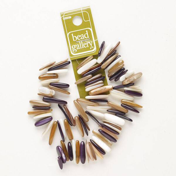 Bead, mother-of-pearl shell (bleached/dyed), pkg/10 inches, tan, purple and white, 18x4mm top-drilled stick. image number 0