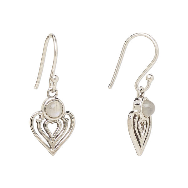 Ear wire, Create Compliments®, antiqued sterling silver and rainbow moonstone (natural), fishhook, 28.5mm with 15x9mm single-sided heart, 21 gauge. Sold per pair. image number 0