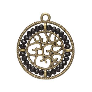 Drop, glass and antique brass-finished "pewter" (zinc-based alloy), black, 28mm round with hearts and beaded border. Sold per pkg of 2.