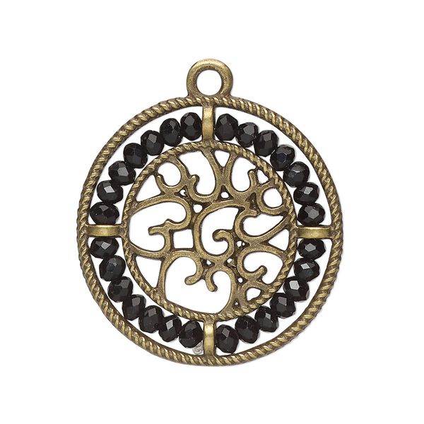 Drop, glass and antique brass-finished "pewter" (zinc-based alloy), black, 28mm round with hearts and beaded border. Sold per pkg of 2. image number 0
