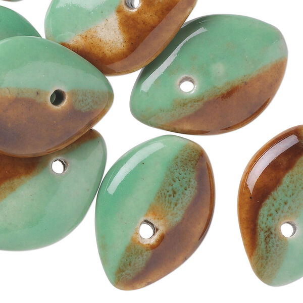 Bead, porcelain, green and brown, 25x18mm top-drilled flat teardrop. Sold per pkg of 10. image number 0