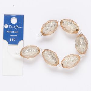 Bead, acrylic, cream and silver, 25x17mm faceted oval with brush design and silver-colored foil with 2.5mm hole. Sold per pkg of 6.