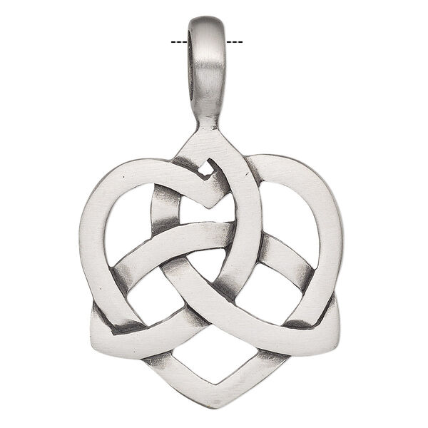 Pendant, Powerful Pewter Pendants, antiqued pewter (tin-based alloy), 45x30mm single-sided heart with Celtic knot design and 6mm hole. Sold individually. image number 0