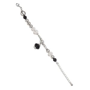 Bracelet, glass rhinestone / glass / silver-coated plastic / rhodium-finished steel / "pewter" (zinc-based alloy), black and clear, 12mm wide with rondelle and 14x13mm drop, 5-1/2 inches with 2-inch extender chain and lobster claw clasp. Sold individually.