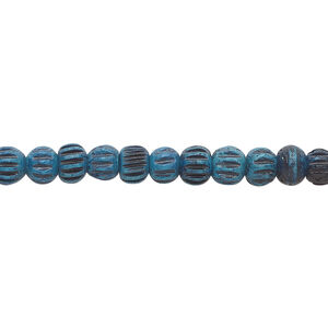 Bead, bone (dyed) 1pkg1, blue and black, 5x4mm corrugated barrel, 15.5-16 inch strand.