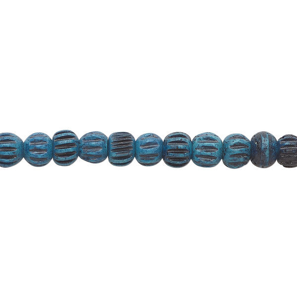 Bead, bone (dyed) 1pkg1, blue and black, 5x4mm corrugated barrel, 15.5-16 inch strand. image number 0