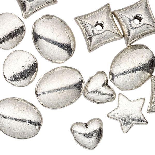 Bead, antique silver-plated "pewter" (zinc-based alloy), 8x9mm-14x11mm assorted shapes. Sold per pkg of 25. image number 0