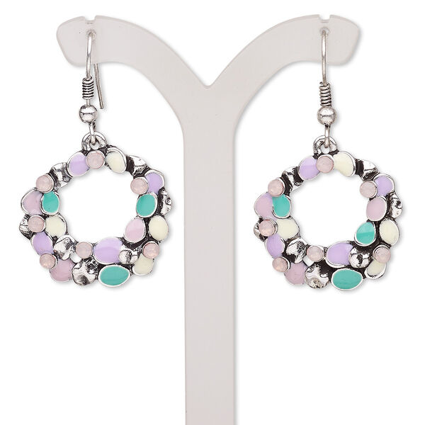 Earring, enamel / glass rhinestone / antique silver-finished brass / "pewter" (zinc-based alloy), multicolored, 43mm with open oval and fishhook ear wire. Sold per pair. image number 0
