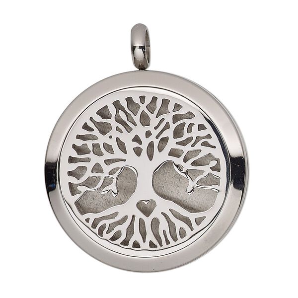 Pendant, stainless steel, 37x30mm single-sided hinged round locket with cutout tree of life and magnetic closure. Sold individually. image number 0