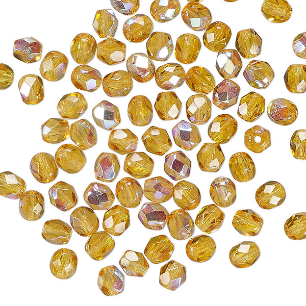 Czech fire-polished glass 1pkg120, faceted round bead translucent honey AB 4mm image number 0