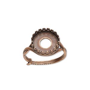 Ring, JBB Findings, antique copper-plated brass, 13.5mm round with 12mm round bezel setting, adjustable from size 6-8. Sold individually.