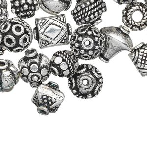 Bead and bead cap, antique silver-plated copper, 8x5mm-15x10mm assorted shape. Sold per pkg of 100.