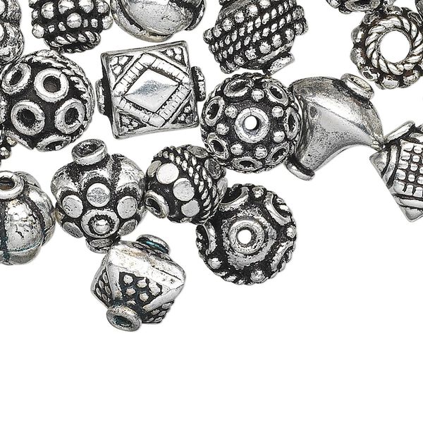 Bead and bead cap, antique silver-plated copper, 8x5mm-15x10mm assorted shape. Sold per pkg of 100. image number 0
