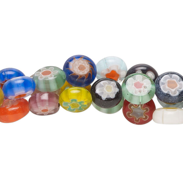 Bead, millefiori glass, opaque and translucent multicolored, 7-9mm puffed flat round. Sold per pkg of (3) 14-inch strands. image number 0