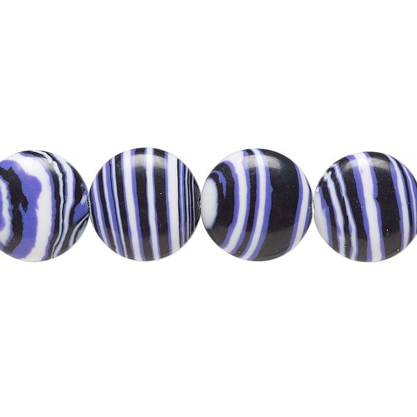 Bead, resin, black / white / purple, 12mm flat round. Sold per 15" to 16" strand. image number 0