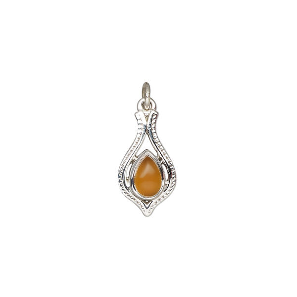Drop, antiqued sterling silver and carnelian (dyed/heated), 15x9mm single-sided open beaded teardrop. Sold individually. image number 0