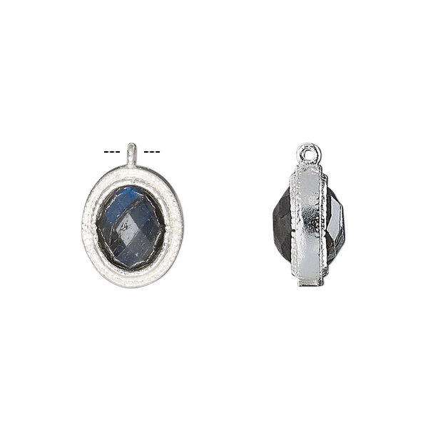 Drop, labradorite (natural) and sterling silver, 13x11mm double-sided faceted oval. Sold individually. image number 0