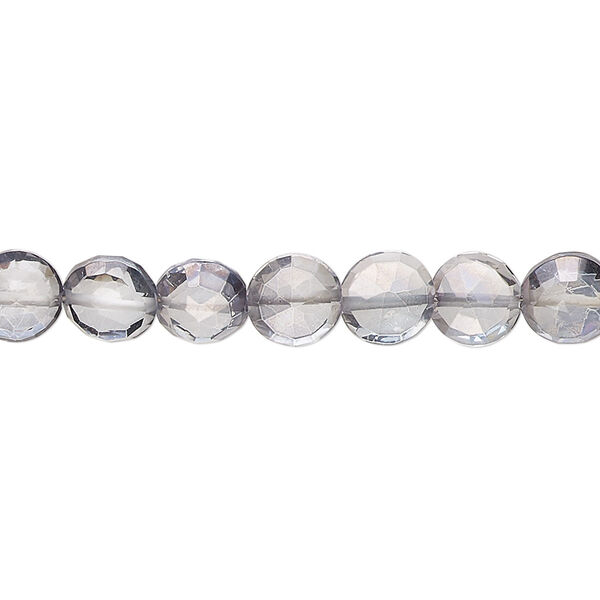 Bead, quartz crystal (coated), blue steel, 6-8mm hand-cut faceted puffed flat round, B grade, Mohs hardness 7. Sold per 7-inch strand, approximately 30 beads. image number 0