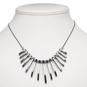 Necklace, silver-coated plastic / gunmetal-plated brass / steel / "pewter" (zinc-based alloy), 17x2mm-49x3mm graduated fan, 18 inches with 3-inch extender chain and lobster claw clasp. Sold individually.