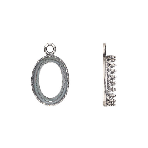 Drop, JBB Findings, antique silver-plated brass, 15x11mm oval with open back and decorative trim, 14x10mm oval bezel setting. Sold per pkg of 2. image number 0