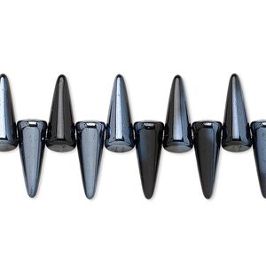 Bead, Preciosa, Czech pressed glass, opaque black and metallic blue, 13x5mm top-drilled spike. Sold per 15-1/2" to 16" strand, approximately 80-85 beads.