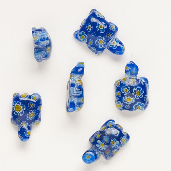 Bead, millefiori glass, translucent cobalt blue / orange / white, 21x12mm-24x15mm half-drilled turtle. Sold per pkg of 6. image number 0