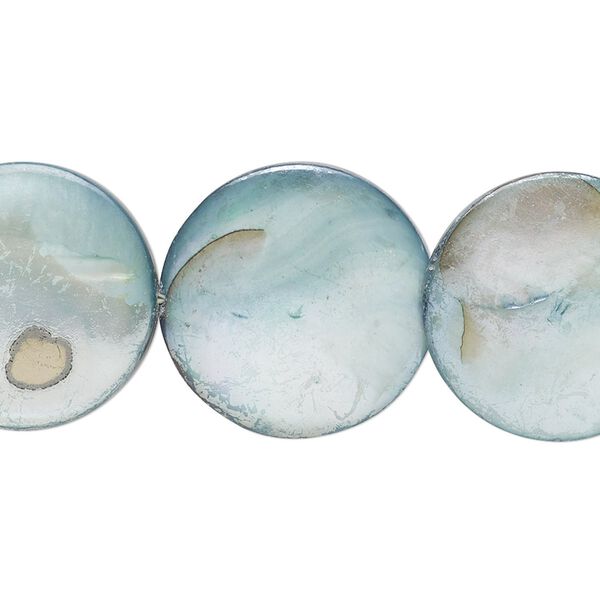 Bead, mother-of-pearl shell (dyed), dark teal AB, 19-20mm puffed flat round with 0.4-0.6mm hole, Mohs hardness 3-1/2. Sold per 15-inch strand. image number 0