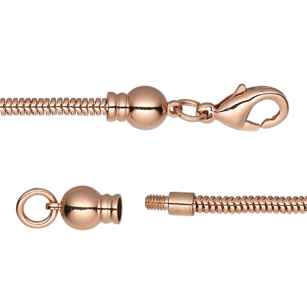 Dione® Easy-On Chain, copper-plated brass, 2.6mm snake, 30 inches with ball ends and 3.3mm threaded end with lobster claw clasp. Sold individually. image number 0