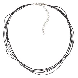 Necklace cord, 5-6 strand, polyester with silver-plated steel and "pewter" (zinc-based alloy), black, 0.8mm wide, 16 inches with 2-1/2 inch extender chain and lobster claw clasp. Sold per pkg of 10.