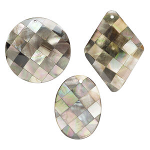 Focal mix, black lip shell / gold lip shell / mother-of-pearl shell / resin (assembled) 1pkg3, 30x30mm-52x36mm top-drilled and undrilled 1sided concave mixed shapes with checkerboard pattern.