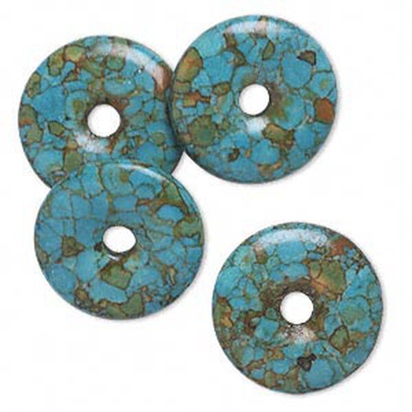 Component, mosaic "turquoise" (magnesite) (dyed / assembled), blue, 23mm round donut, B grade, Mohs hardness 3-1/2 to 4. Sold per pkg of 4. image number 0