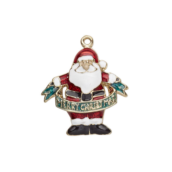 Charm, gold-finished "pewter" (zinc-based alloy) and enamel, multicolored, 23x22mm single-sided Santa Claus with "Merry Christmas" banner. Sold per pkg of 2. image number 0