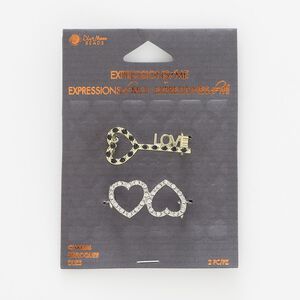 Slide, silver- / gold-finished "pewter" (zinc-based alloy) / steel / glass, black and clear, 33x15mm heart key with "LOVE" and 31x15mm open double heart. Sold per pkg of 2.