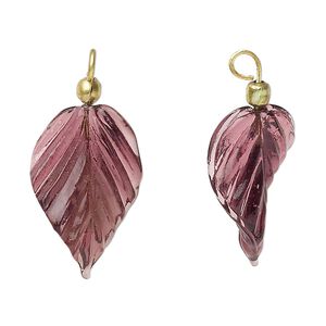 Drop, glass and brass, transparent amethyst purple, 24x15mm double-sided twisted leaf. Sold per pkg of 12.