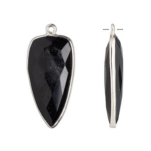 Drop, black onyx (dyed) and sterling silver, black, 27x14mm-28x15mm hand-cut double-sided faceted dagger. Sold individually.