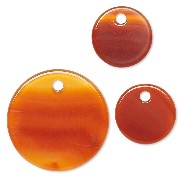 Focal and drop, red agate (dyed), (1) 30mm and (2) 18mm flat round, B grade, Mohs hardness 6-1/2 to 7. Sold per 3-piece set. image number 0
