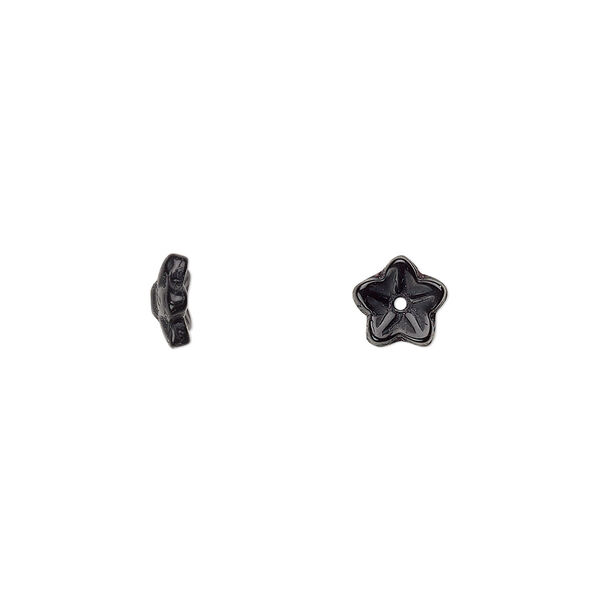 Bead cap, Czech pressed glass, jet, 7x3mm flower, fits 5-7mm bead. Sold per pkg of 50. image number 0