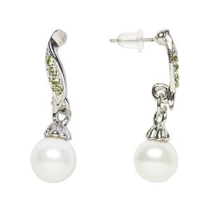 Earring, Everyday Jewelry, antique silver-finished "pewter" (zinc-based alloy) / glass / acrylic pearl, green and white, 33mm with post. Sold per pair.