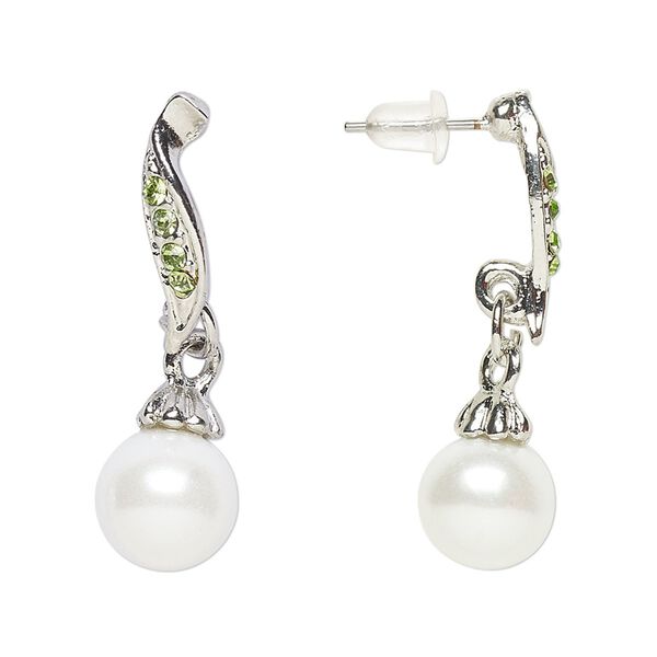 Earring, Everyday Jewelry, antique silver-finished "pewter" (zinc-based alloy) / glass / acrylic pearl, green and white, 33mm with post. Sold per pair. image number 0