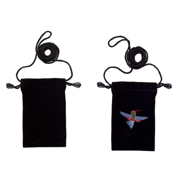 Pouch, velveteen with metallic embroidery, black and multicolored, 5x3 inches with hummingbird design, 26-inch shoulder strap. Sold per pkg of 2. image number 0