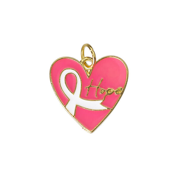 Charm 1pkg4, imitation rhodium-plated "pewter" (zinc alloy) / enamel, pink / white, 20mm, heart / awareness ribbon image number 0