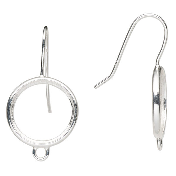 Ear wire, sterling silver, 31.5mm fishhook with loop and 16mm faceted rivoli glue-in setting with open back, 20 gauge. Sold per pair. image number 0