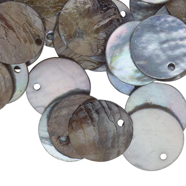 Drop, mussel shell (dyed / coated), peacock, 15mm flat round, Mohs hardness 3-1/2. Sold per pkg of 100. image number 0