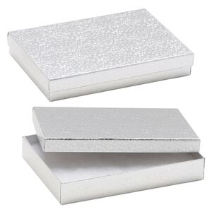 Box, paper, "cotton"-filled, silver, 7-1/8 x 5-1/8 x 1-1/8 inch rectangle. Sold per pkg of 10.