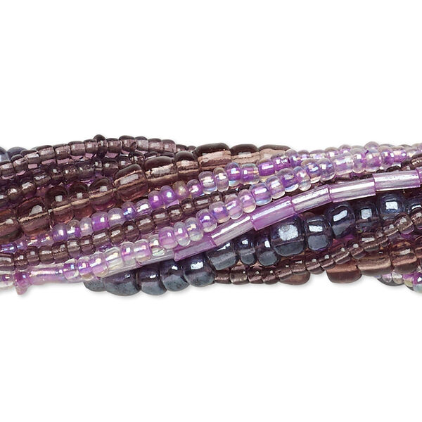 Bead mix, seed bead and bugle bead, glass, pkg/(10)14 inch, 6/0 center-drilled round, mixed mixed colors. image number 0