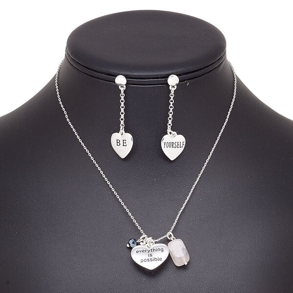 Necklace and earring set, rose quartz (natural) / glass / silver-plated brass / steel / "pewter" (zinc-based alloy), black hematite, heart, 15" to 16" necklace with 2-inch extender chain and lobster claw clasp, 45mm earrings with post. Sold per set. image number 0