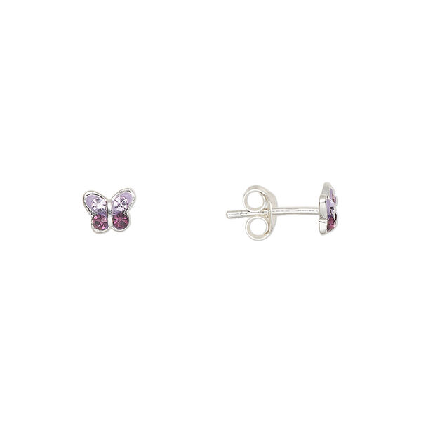 Earstud sterling silver / Preciosa crystal 1pkg2, 5.5x4.5mm butterfly / earnuts included, Create Compliments® purple / light purple 1 pair image number 0