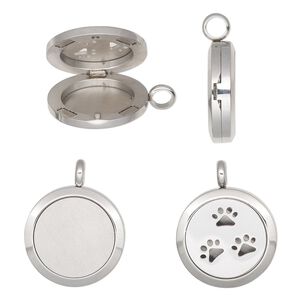 Pendant, stainless steel, pkg/1, 32x25mm single-sided hinged round locket, cutout paw prints design magnetic closure