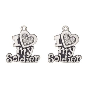 Charm, antique silver-finished "pewter" (zinc alloy) and glass, clear, 23x22mm single-sided "I heart my soldier." Sold per pkg of 2.